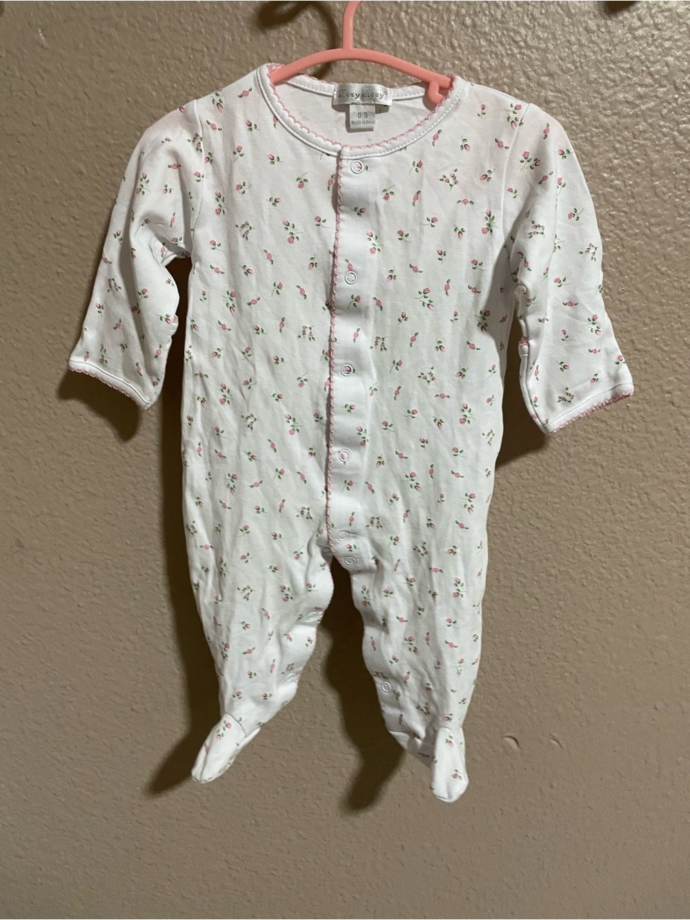 Kissy Kissy White Floral Baby One-Piece Footed Pajamas with Pink Trim